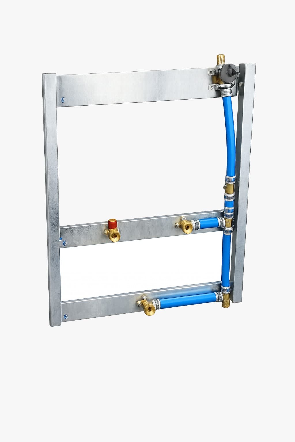 Kit hidráulico Polvolt em bastidor galvanizado, com tubulação azul, registros e conexões montados