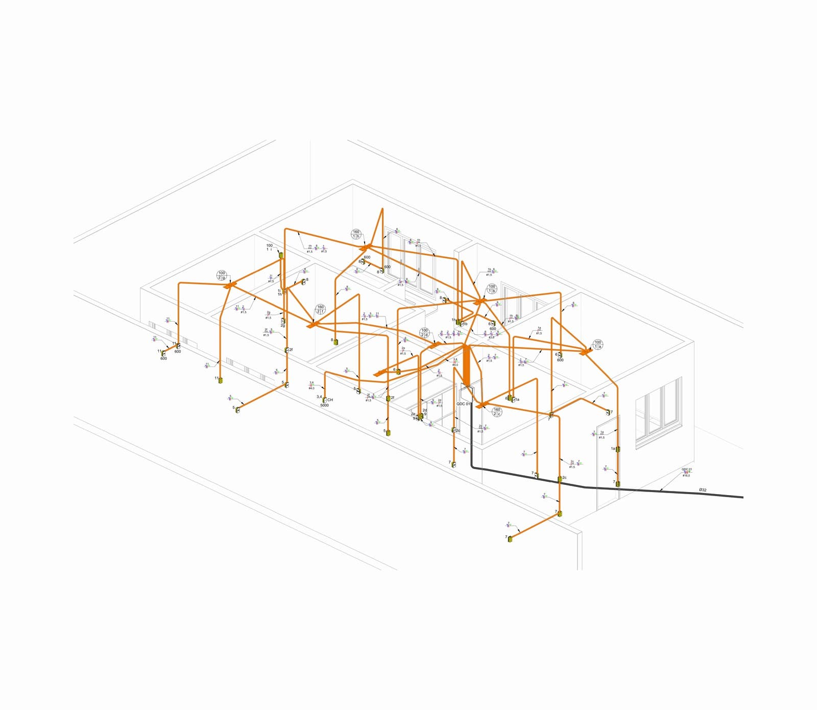 Modelo 3D do projeto elétrico de uma residência, com os eletrodutos em laranja percorrendo os ambientes, o quadro de distribuição e o alimentador saindo para o poste, com circuitos e bitolas indicados